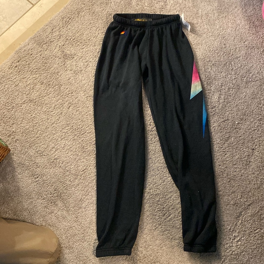 AVIATOR NATION BOLT RAINBOW SWEATPANTS GRAY PINK BLUE SZ S